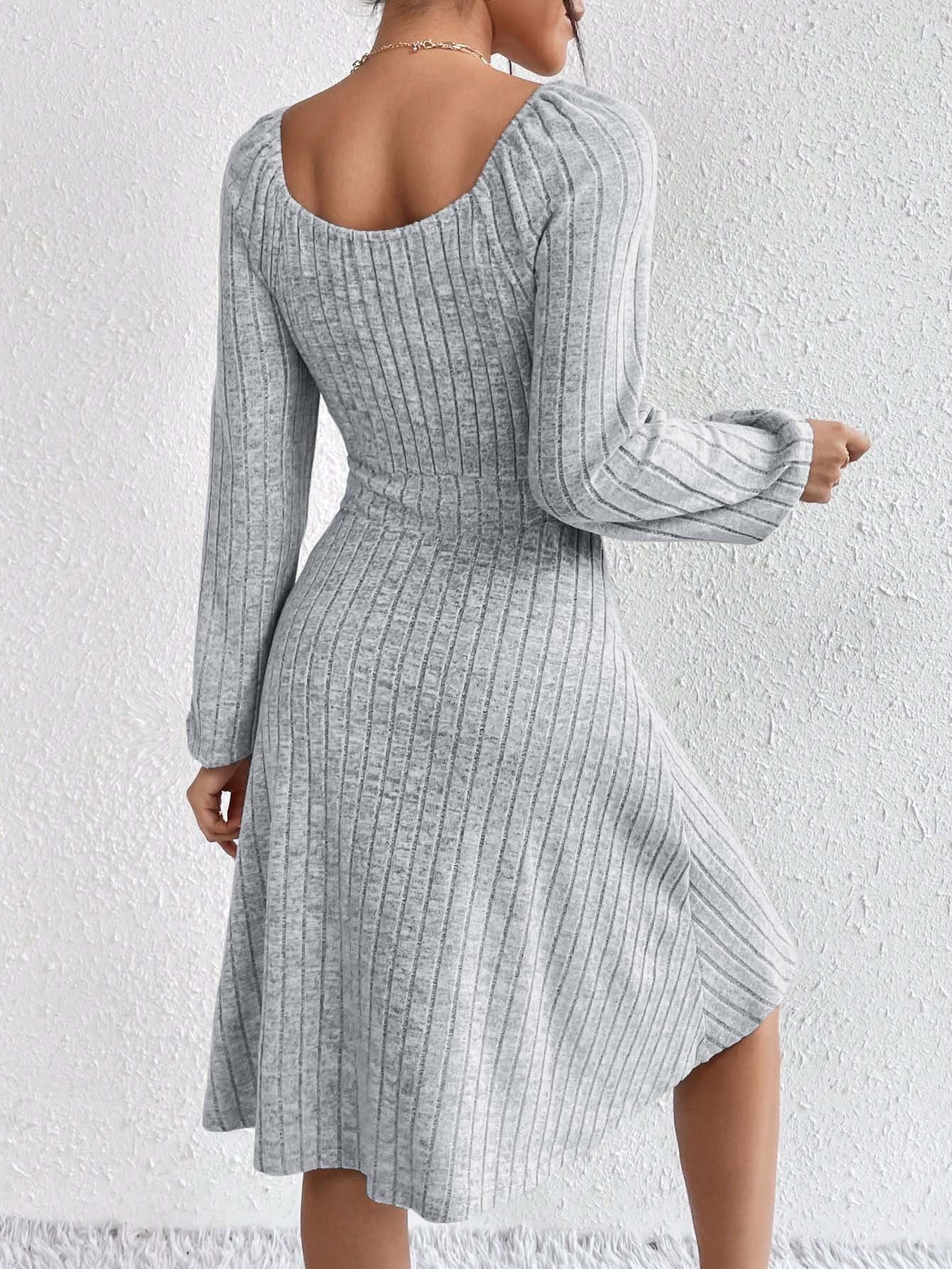2026 autumn and winter Amazon cross-border women's clothing European and American square-neck cinched large skirt hot sale sunken stripe long sleeve dress