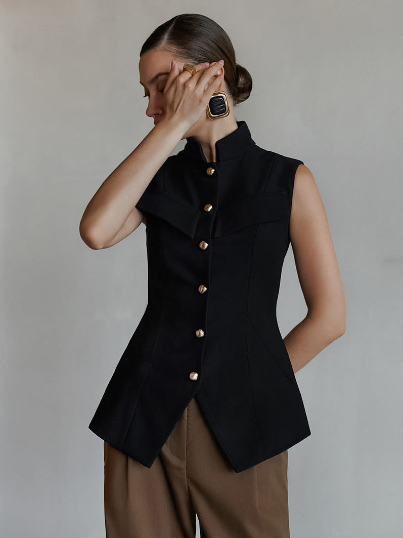 Europe and America cross border women's clothing 2026 spring and summer new stand collar breasted sleeveless waist split temperament top vest vest
