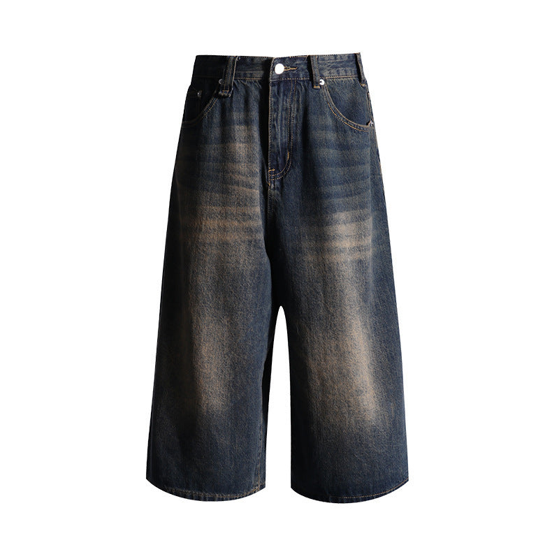 Women's wide-leg cropped jeans 2024 Summer new retro washed distressed straight-leg denim Denim middle pants American high street