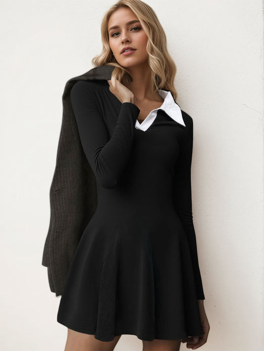 Europe and America cross border 2026 contrast colors false-two-piece knitted dress new design sense niche long sleeve A- line skirt