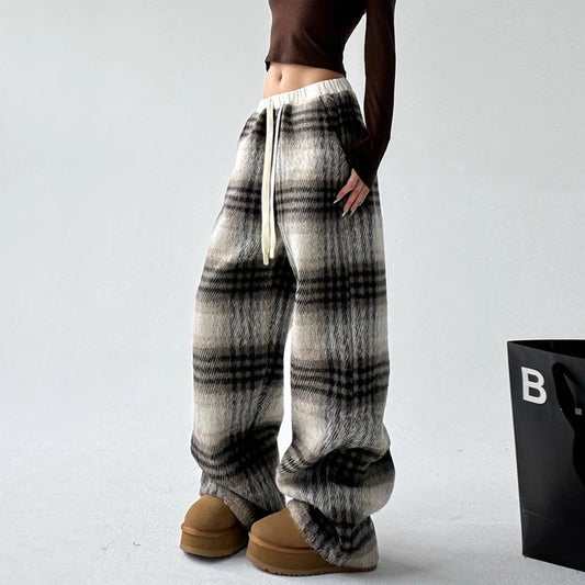 Fleece-lined thick wool plaid pants women's autumn and winter New straight casual high waist loose and idle mop pants