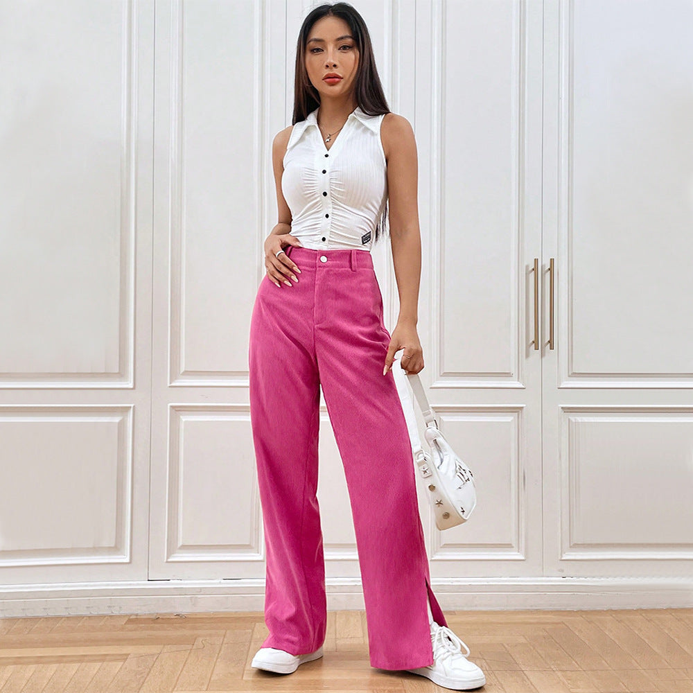 2026 Europe and America cross border corduroy casual straight pants bottom slit fashionable women's fashion clothing winter casual trousers