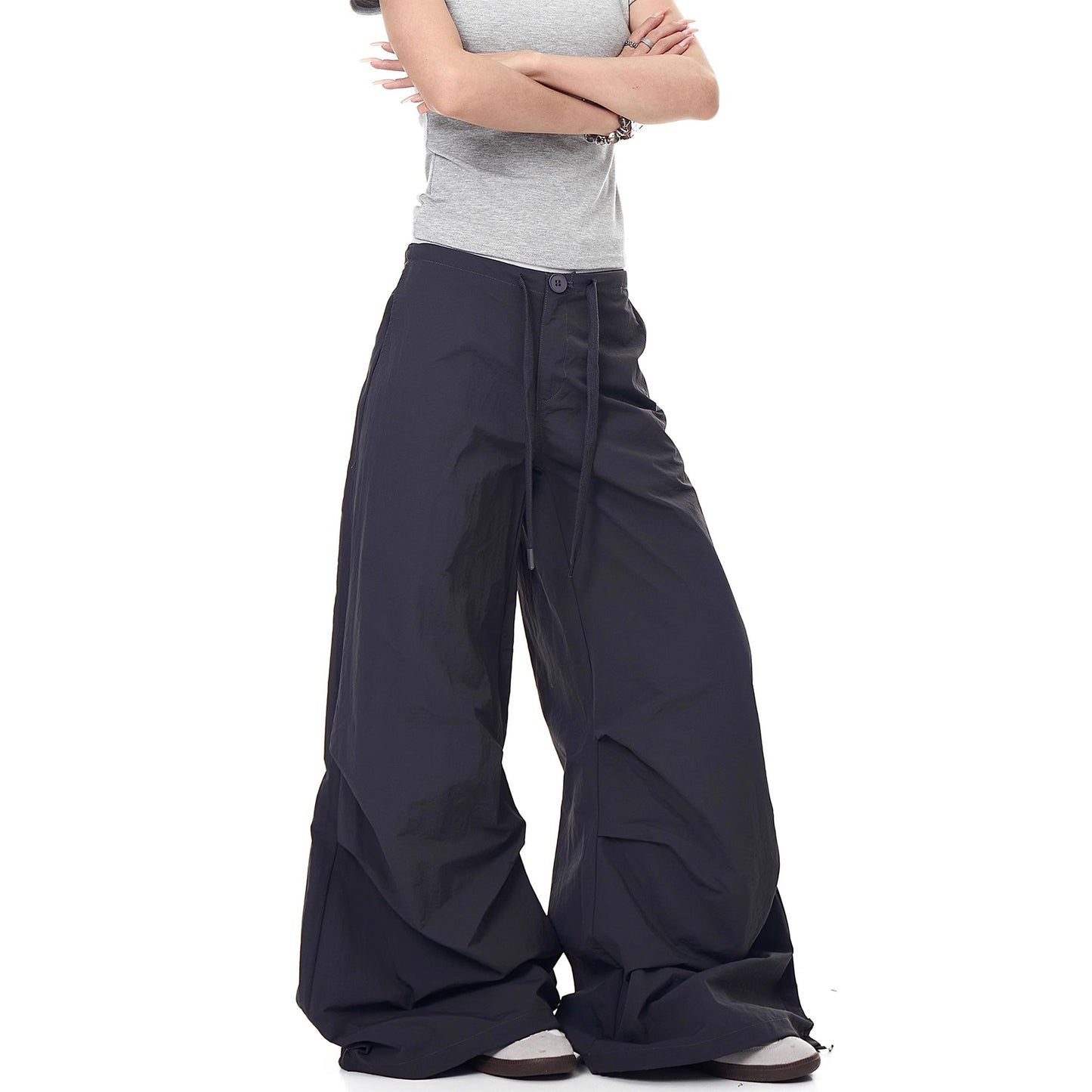 Retro drawstring pleated quick-drying paratrooper pants women's summer New loose niche drape wide leg skinny casual pants fashion