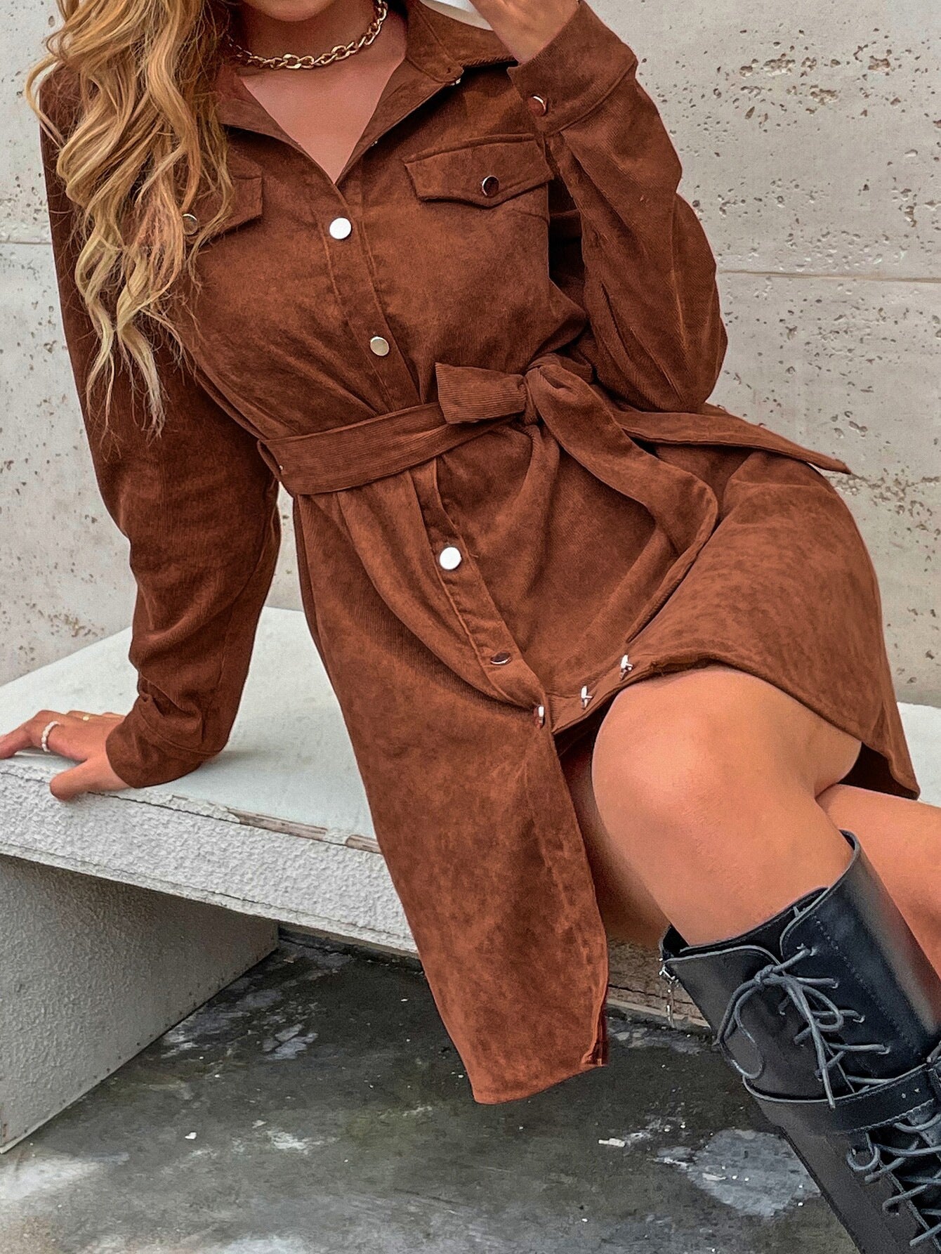 2026 autumn and winter new cross-border European and American women's clothing breasted belt loose leisure corduroy long sleeve shirt dress