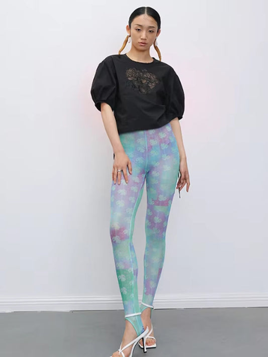 European and American personalized trendy tight pants 2026 spring new abstract pattern elastic mesh stirrup leggings women