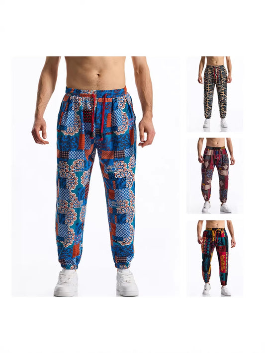 2026 cross-border Amazon new men's loose cotton and linen floral print casual jumpsuit plus size fashion exercise ankle-tied trousers