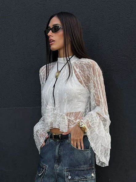 2026 spring Europe and America cross border new sheer cutout gentle bell sleeve white lace shirt women's high-grade