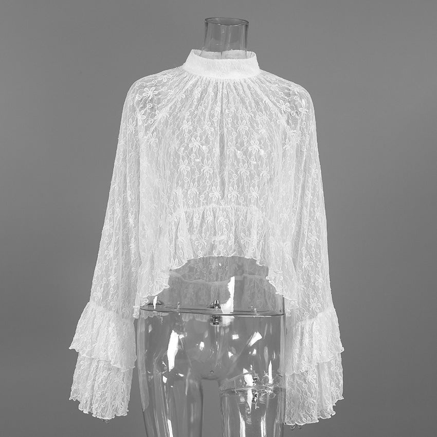 2026 spring Europe and America cross border new sheer cutout gentle bell sleeve white lace shirt women's high-grade