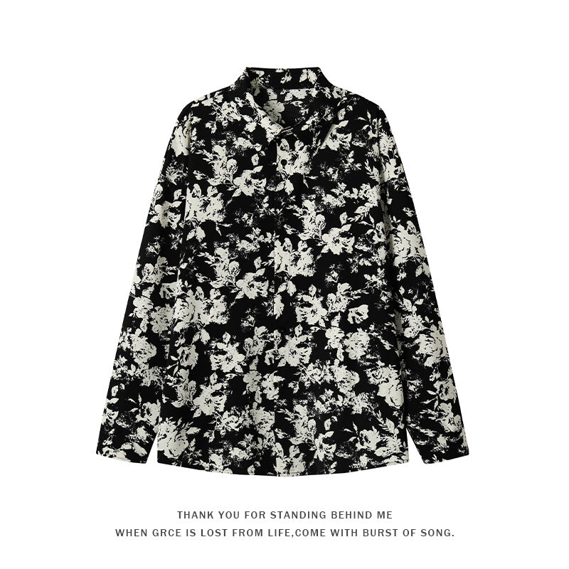 2026 spring Hong Kong style new men's Pu Shuai ice silk printed long-sleeved shirt large size fashion casual beach shirt