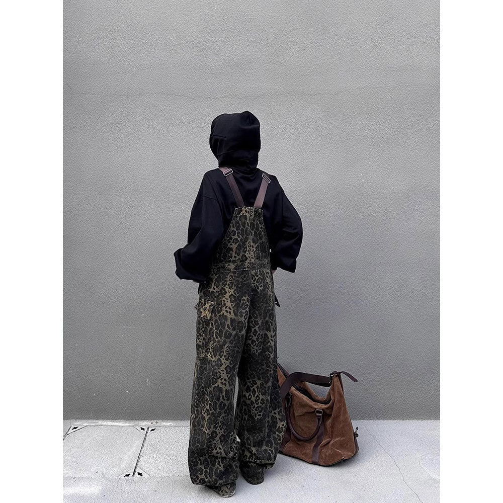 American retro street style leopard print pocket suspender pants women's spring and autumn loose ins trendy all-matching wide leg casual pants