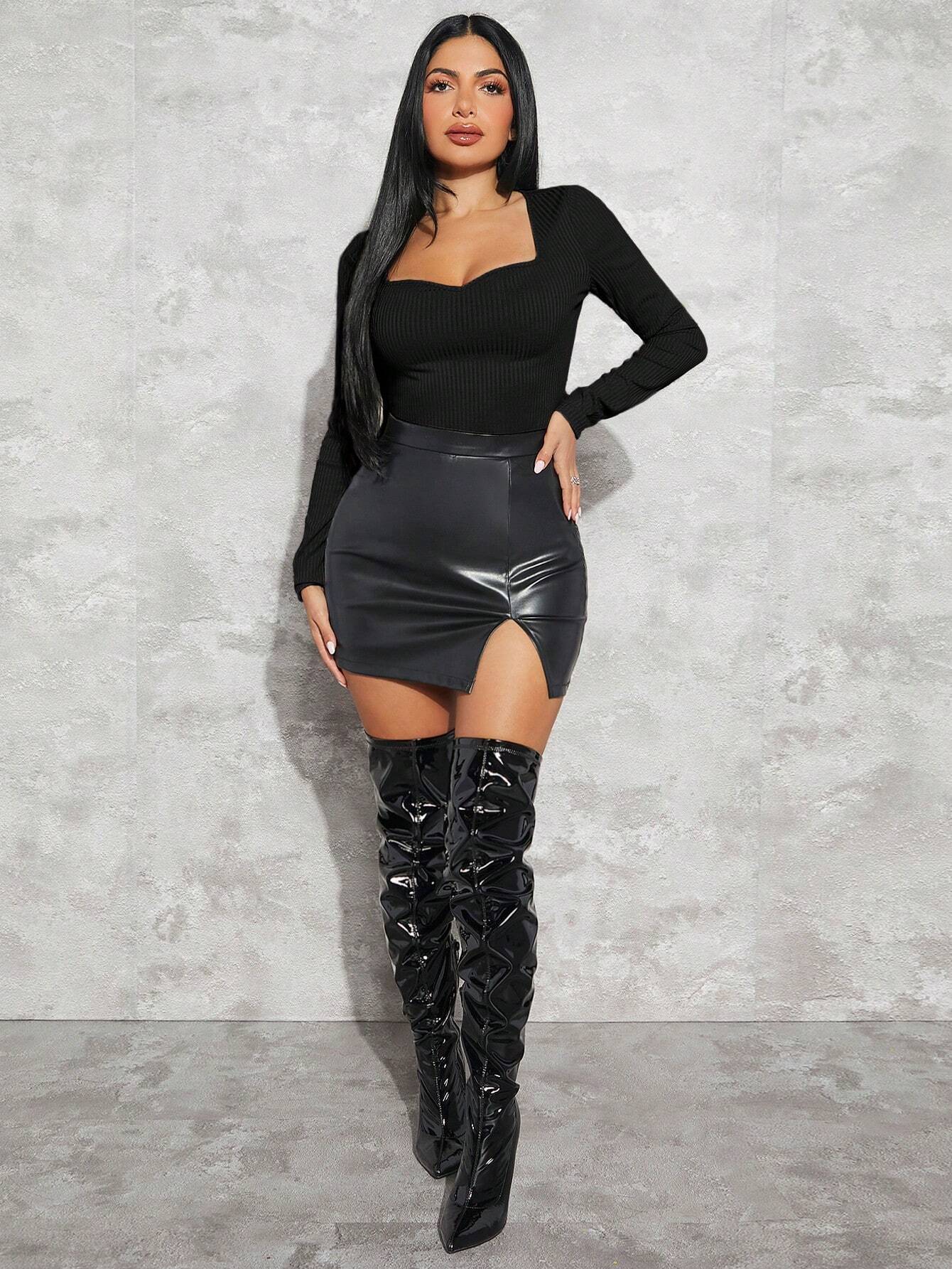 2026 Amazon cross-border large size women's clothing simple square neck T-shirt autumn and winter European and American slim fit slimming bottoming top