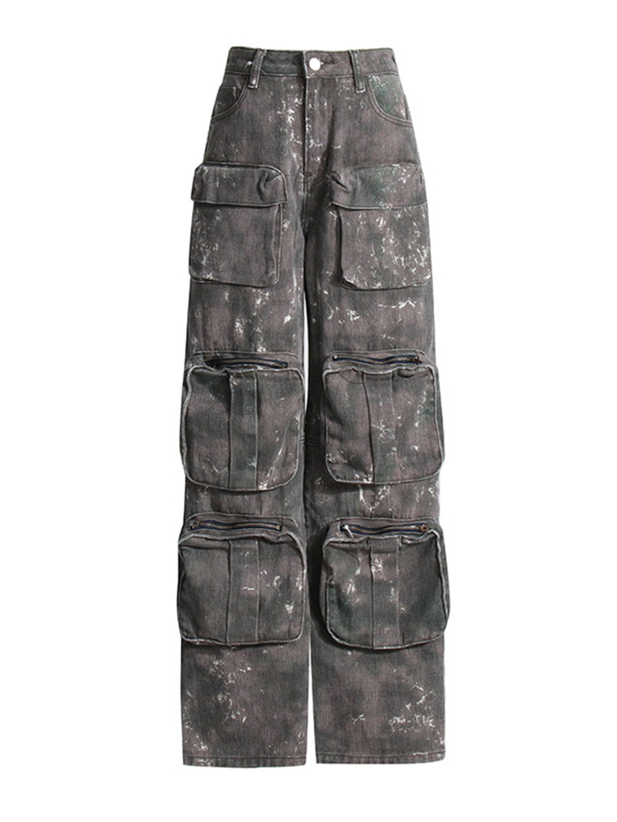 American style personality jeans 2026 spring new multi-pocket design camouflage wash low waist straight cargo pants women