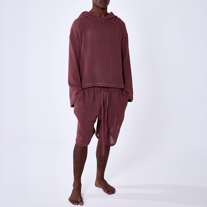 2026 Europe and America cross border early autumn men's casual fashion solid color hooded long sleeve top shorts suit men's clothing wholesale