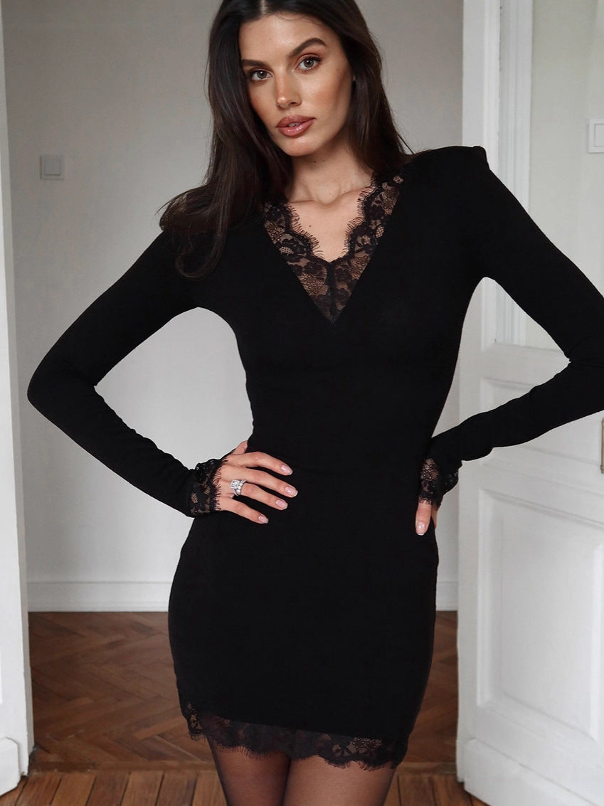 Elegant black lace V-neck dress female 2026 spring high sense long sleeves inner wear knitted hip skirt women's clothing