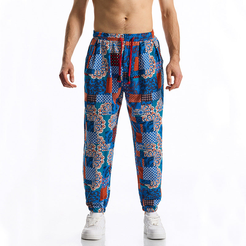 2026 cross-border Amazon new men's loose cotton and linen floral print casual jumpsuit plus size fashion exercise ankle-tied trousers