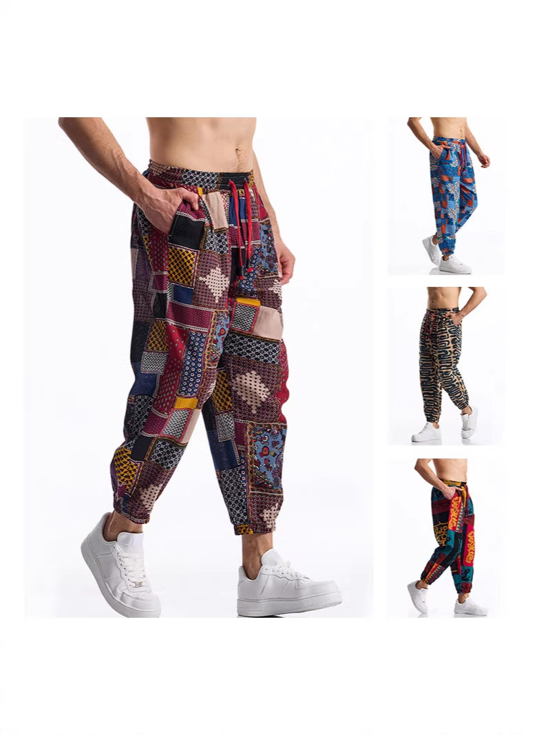 2026 cross-border Amazon new men's loose cotton and linen floral print casual jumpsuit plus size fashion exercise ankle-tied trousers