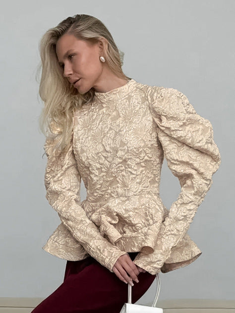 European and American autumn and winter French style vintage court style stand collar puff sleeve waist slimming convex Jacquard commuter's all-matching top for women