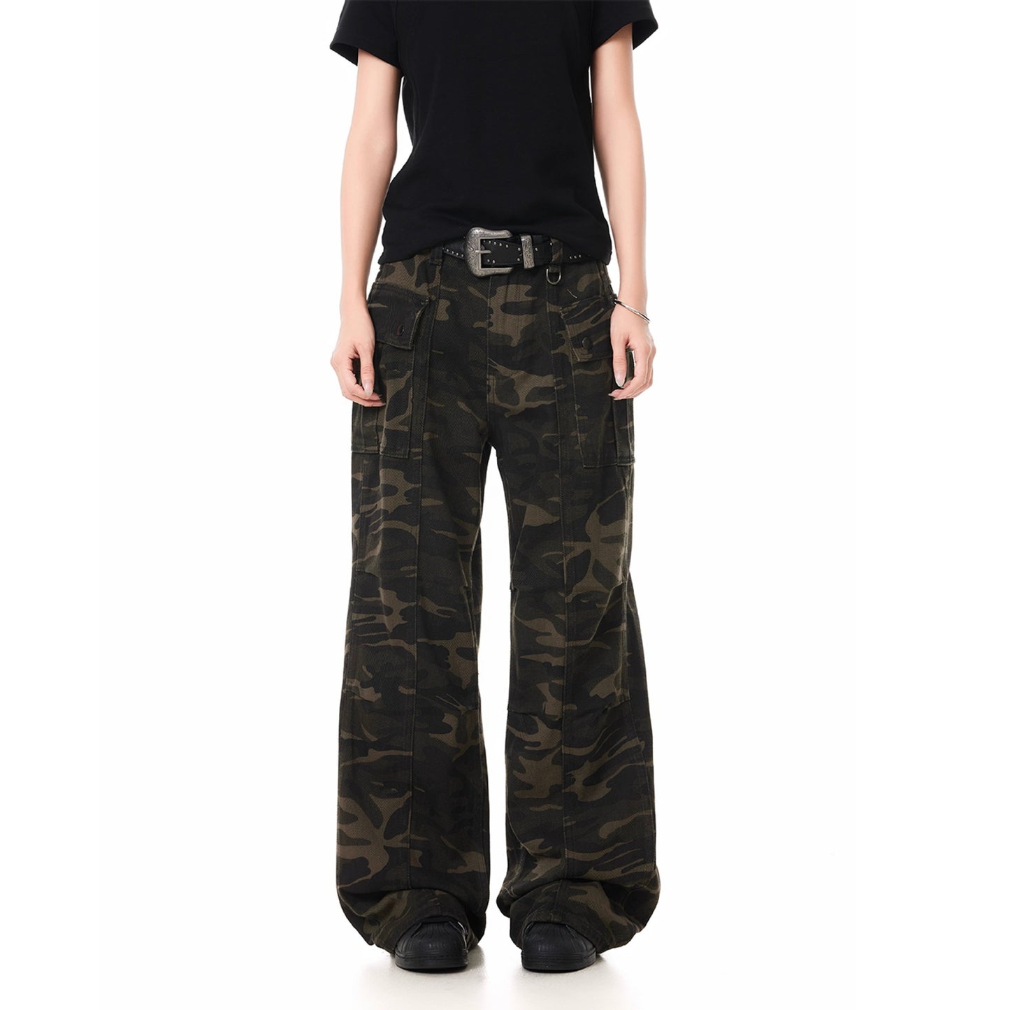 High street three-dimensional pinch pleated design camouflage workwear jeans Women's American retro casual vibe loose straight trousers