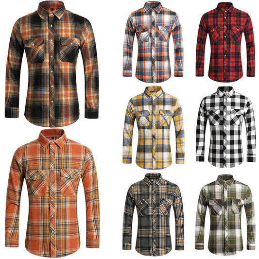 2026 cross-border new arrival men's plaid long-sleeved shirt fashion double pocket casual large size shirt men's coat top