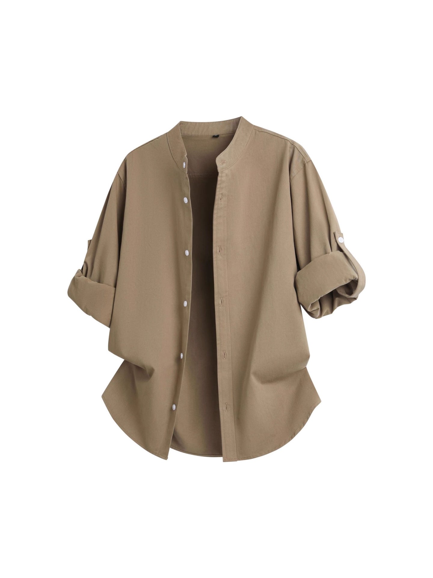 Cross-border 2026 spring and autumn stand collar long-sleeved shirt solid color commute fashion brand rolled sleeves shirt coat men's loose top