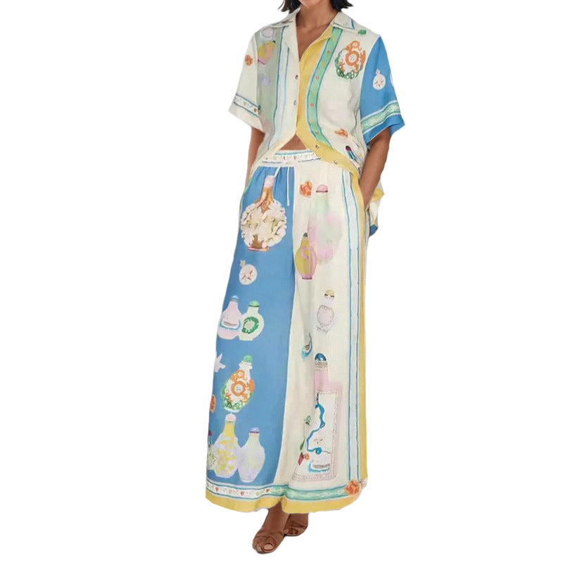 2026 spring new cross-border European and American commuters' casual all-matching printed lapel patchwork wide-leg pants fashion suit women
