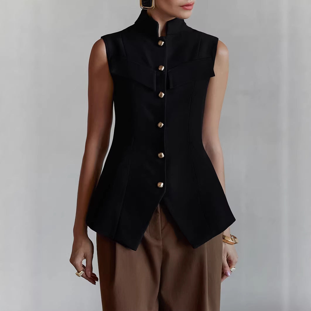 Europe and America cross border women's clothing 2026 spring and summer new stand collar breasted sleeveless waist split temperament top vest vest