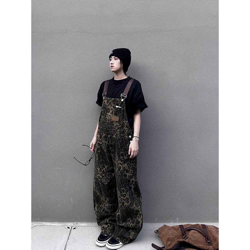 American retro street style leopard print pocket suspender pants women's spring and autumn loose ins trendy all-matching wide leg casual pants