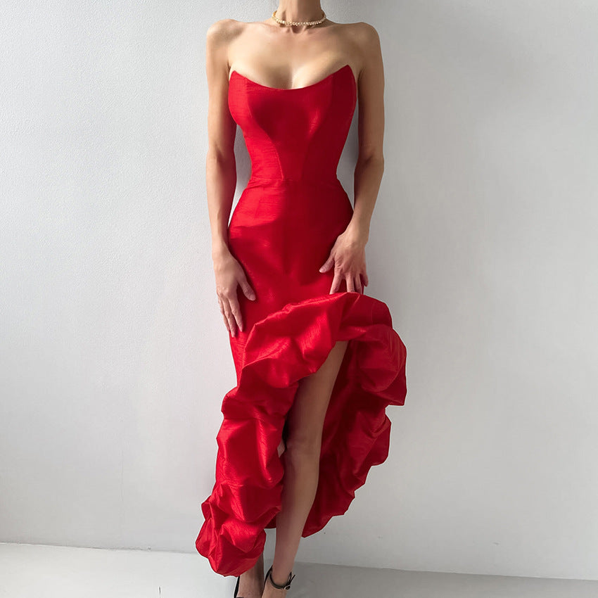 French satin strap dress for women 2026 spring high-grade asymmetric tulle tutu dress mid-length women's clothing