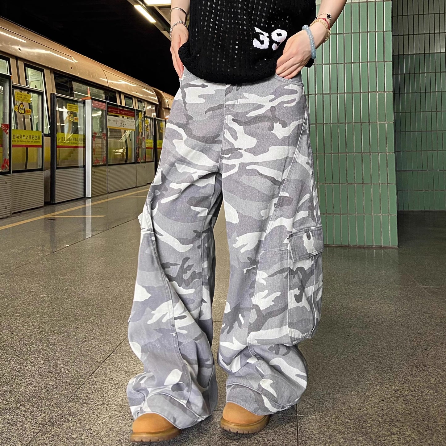 High street camouflage washed wide-leg machete jeans women's summer New loose American style trend straight long pants fashion