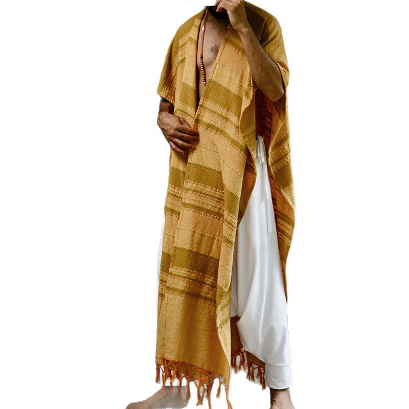 2026 Europe and America cross border Fashion men's striped printed shawl casual loose-fitting tassel side trench coat and overcoat men's clothing