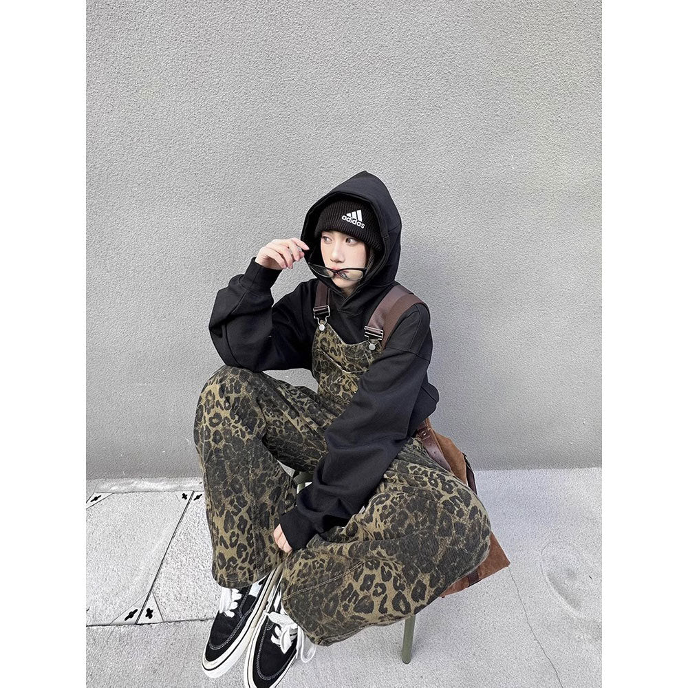 American retro street style leopard print pocket suspender pants women's spring and autumn loose ins trendy all-matching wide leg casual pants