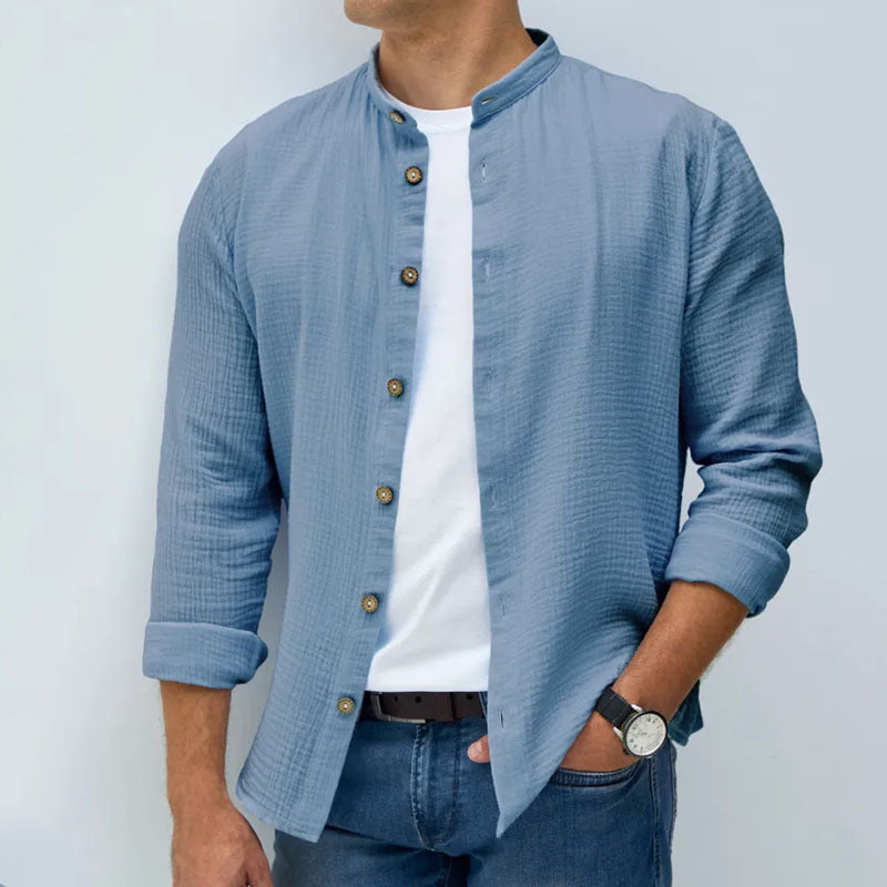 European and American 2026 Spring stand collar button long sleeve men's cross-border hot sale fashion casual all-matching tops texture
