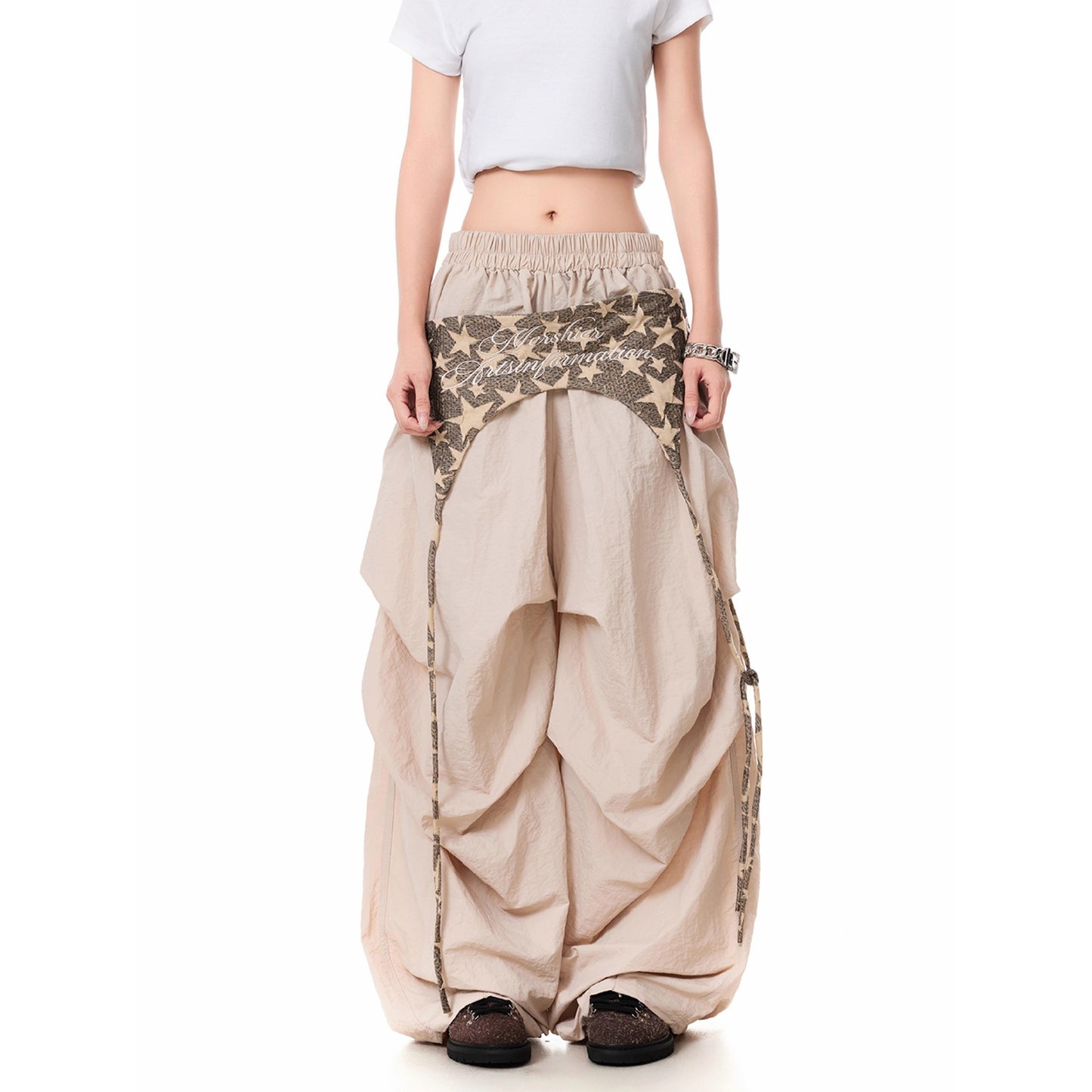 American street pleated accumulation casual pants women's summer loose fart curtain ribbon design sense wide-leg pants tide