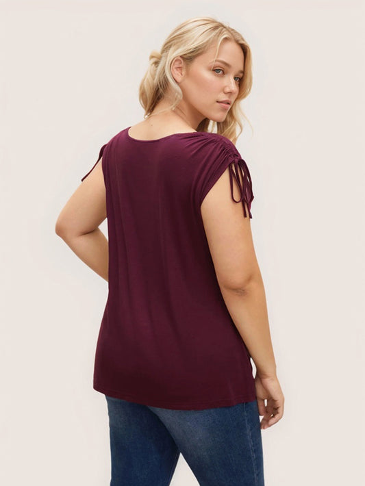 2026 cross-border temu hot sale large size women's clothing adult lady like woman elegant T-shirt spring and summer new wine red peplum top