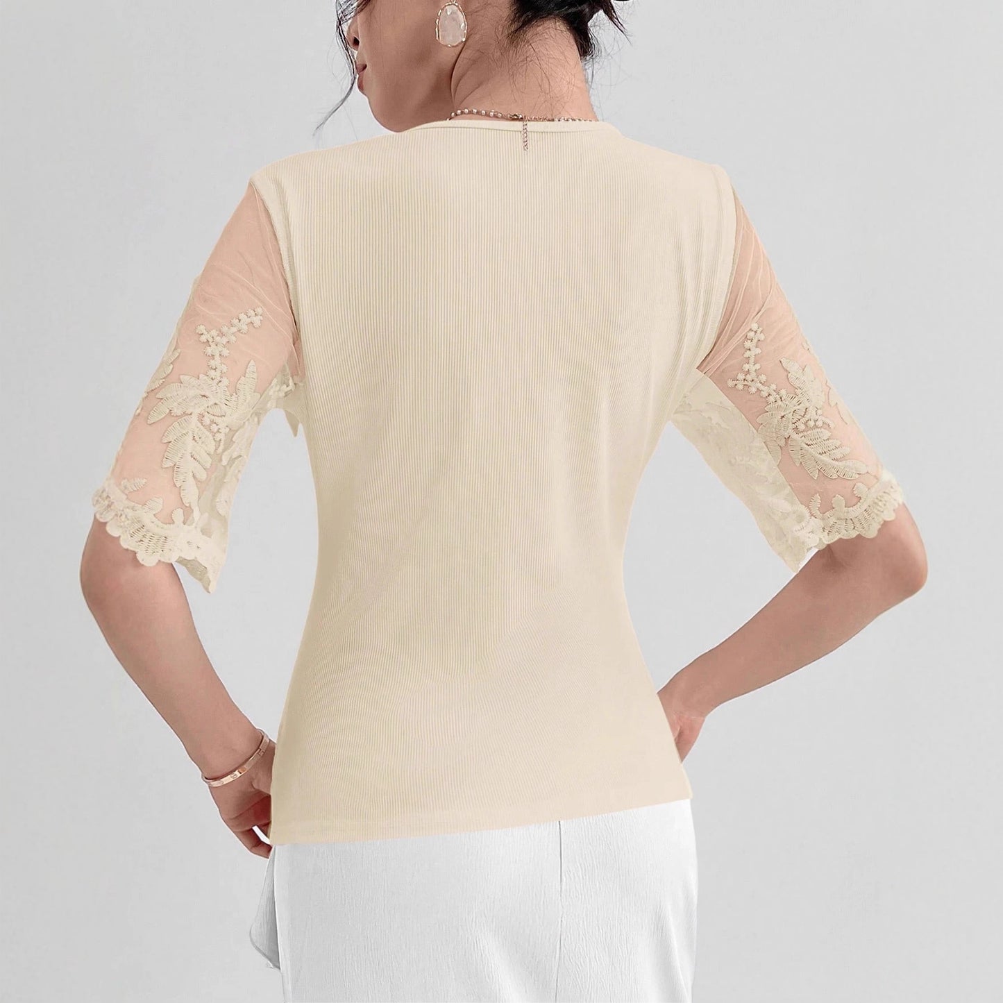 2026 new cross-border European and American ladies fashion elegant asymmetric neckline mesh patchwork short sleeve fashion T-shirt