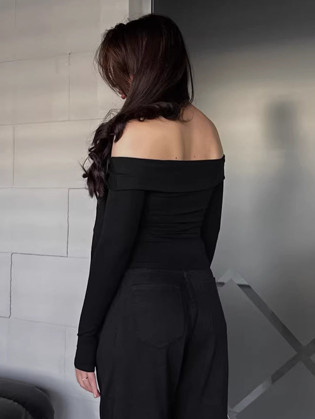 Design off-shoulder knitted bottoming T-shirt for women 2026 spring cross-border commuter long sleeves inner wear bottoming shirt women's clothing