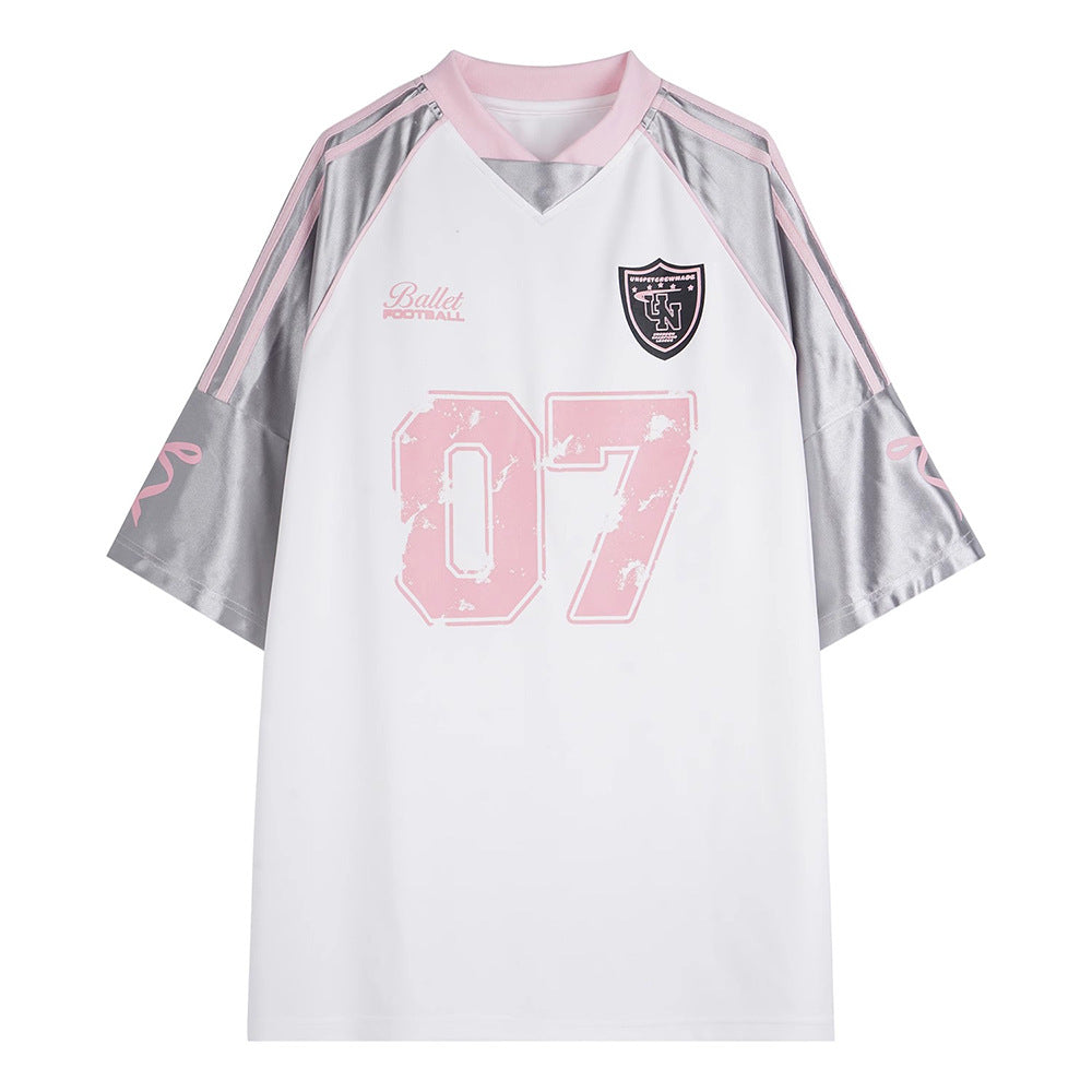 Niche blokette Raglan patchwork short-sleeved T-shirt women's 2025 summer new American v-neck sports jersey top