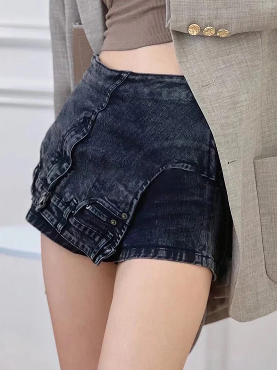 Fashion Street hot girl denim skirted leggings 2026 New irregular waist head reversal high waist wash fake two-piece shorts