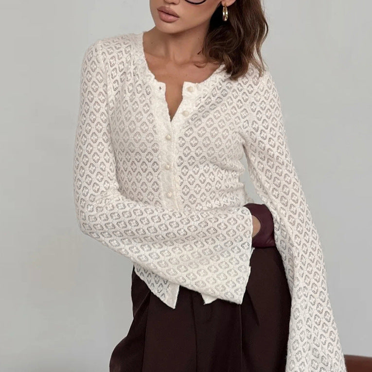 Round neck lace knitted cardigan for women 2026 spring commuting elegant versatile long sleeve slim fit slimming flared sleeves shirt