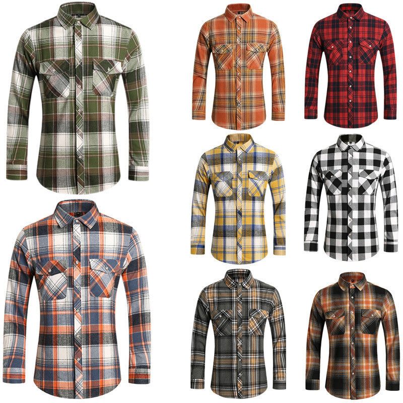 2026 cross-border new arrival men's plaid long-sleeved shirt fashion double pocket casual large size shirt men's coat top