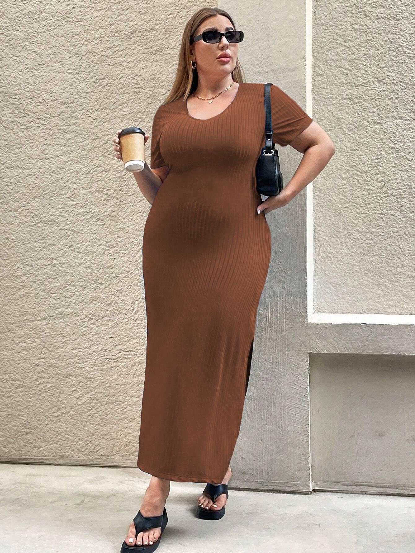 Cross-border European and American plus size women's clothes 2026 new shein temperament waist-controlled split short sleeve dress sheath dress