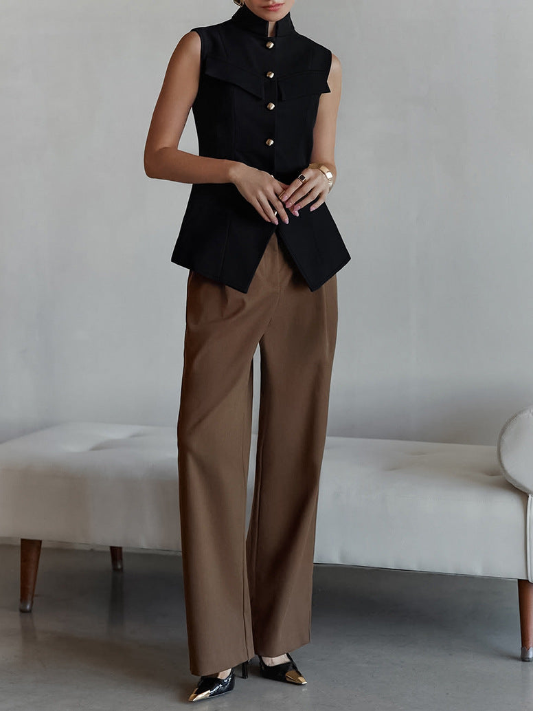 Europe and America cross border women's clothing 2026 spring and summer new stand collar breasted sleeveless waist split temperament top vest vest