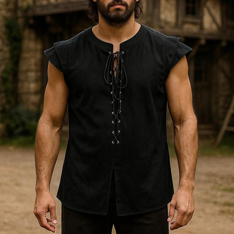 2026 Amazon new spring and summer retro crew neck lace-up shirt flying sleeves top hot sale in Europe and America men's clothing