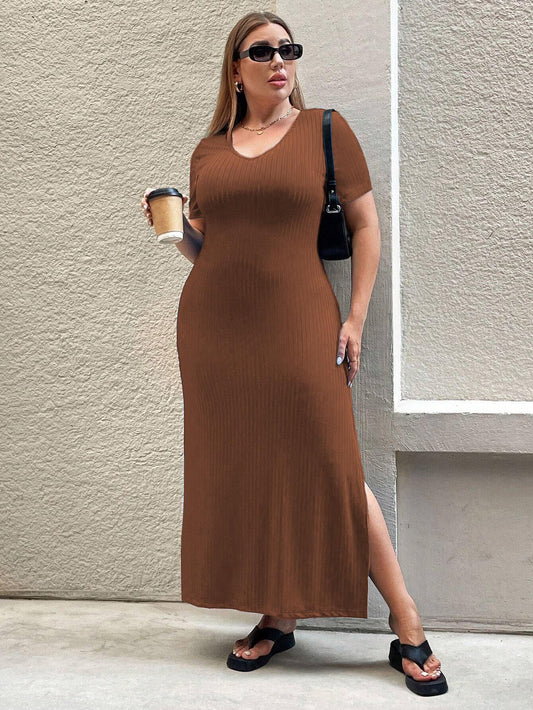 Cross-border European and American plus size women's clothes 2026 new shein temperament waist-controlled split short sleeve dress sheath dress