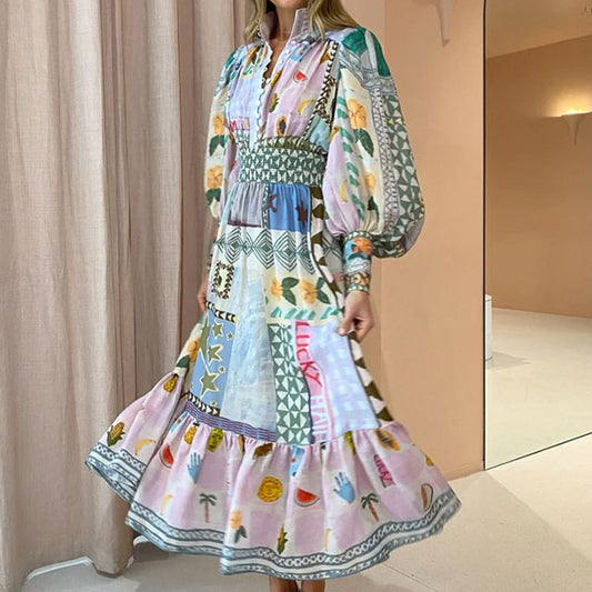 2026 spring European and American Foreign Trade women's clothing temperament commute painted print lantern long sleeve waist-tight large swing dress