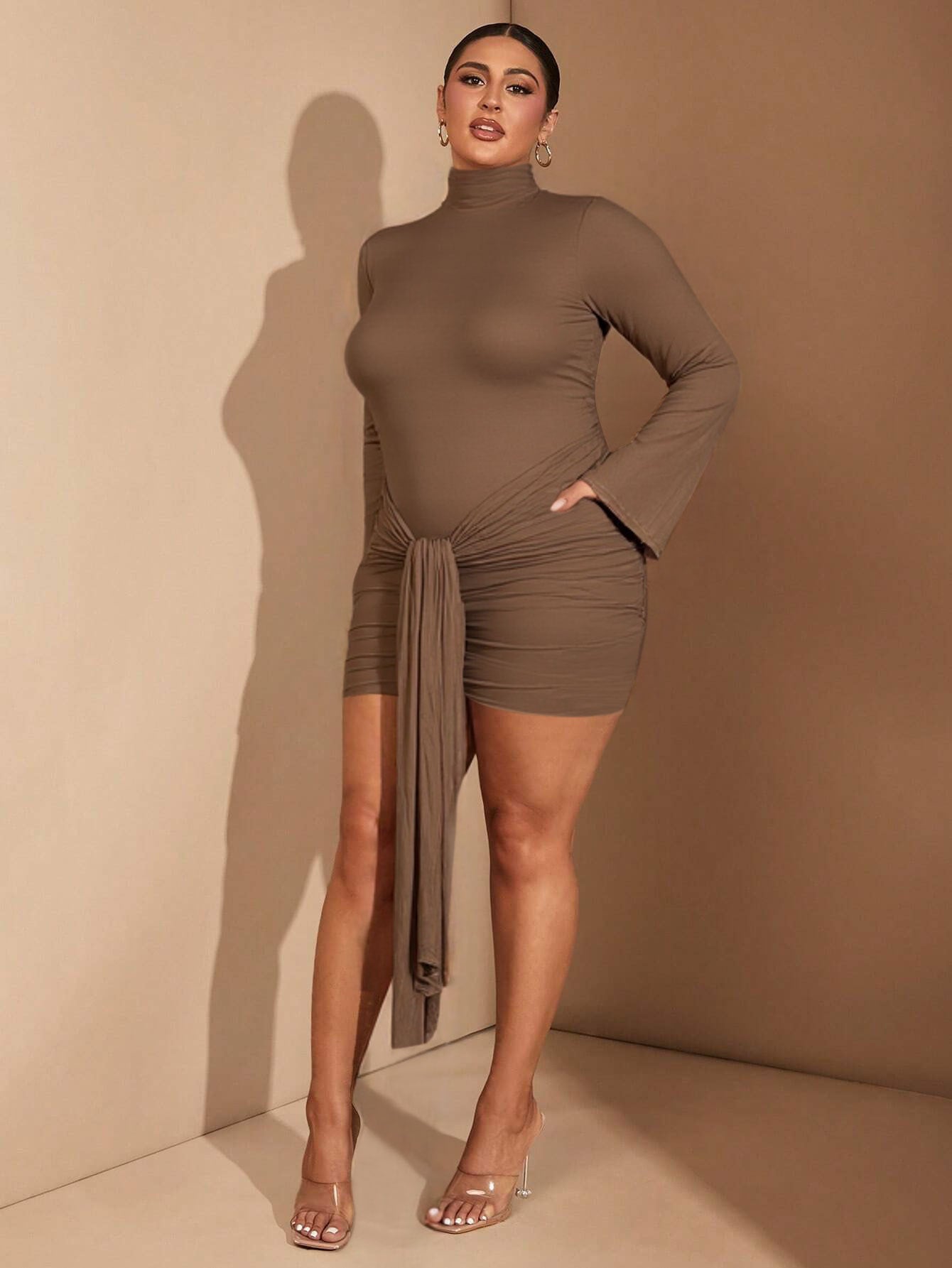 Europe and America cross border Tk2026 popular hot girl fashion slim solid color long sleeve high waist hip-looking dress