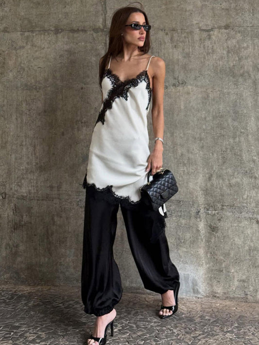 2026 spring cross-border new arrival pure desire style contrast color lace stitching irregular skirt beauty back sling dress for women