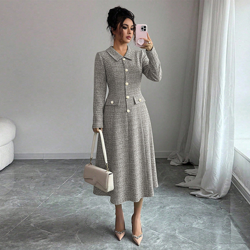 2026 new cross-border Amazon ebay European and American elegant dress foreign trade long sleeve lapel A- line dress mid-length