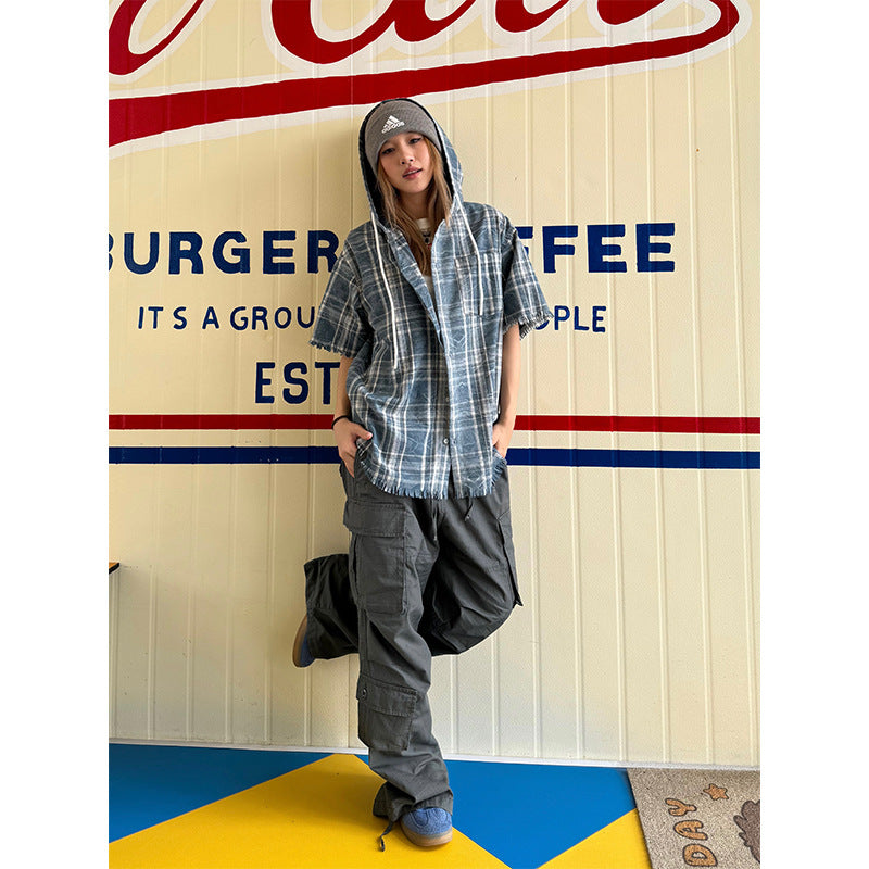 American style retro plaid hooded short-sleeved shirt women's summer New loose Street niche frayed edge coat top fashion