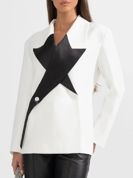 Personalized fashion loose suit women's 2026 spring new polo collar five-pointed star black and white color contrast patchwork suit jacket